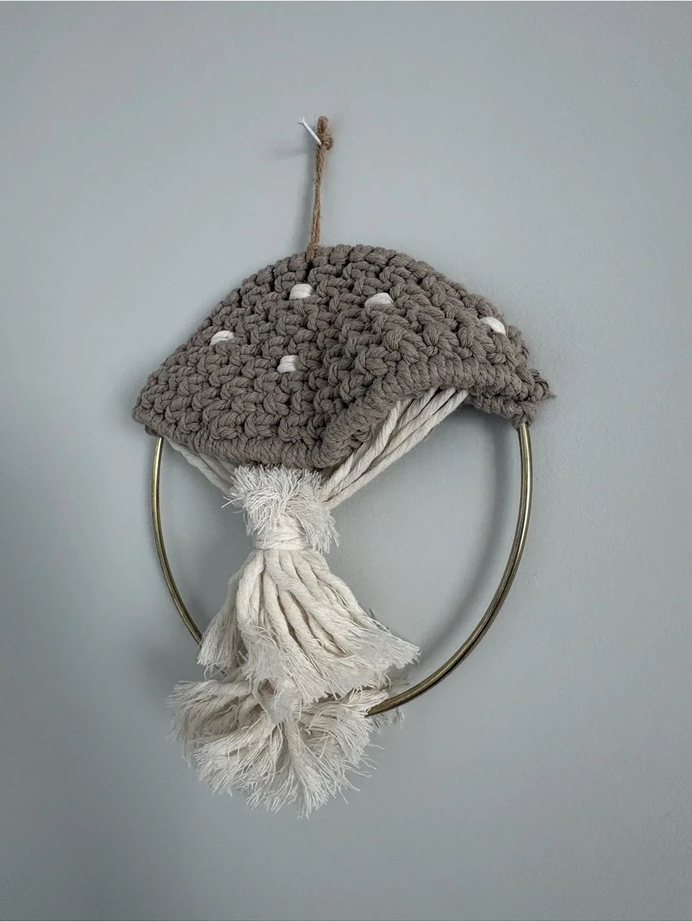 Handmade Macrame Mushroom Wall Hanging in Taupe and Cream